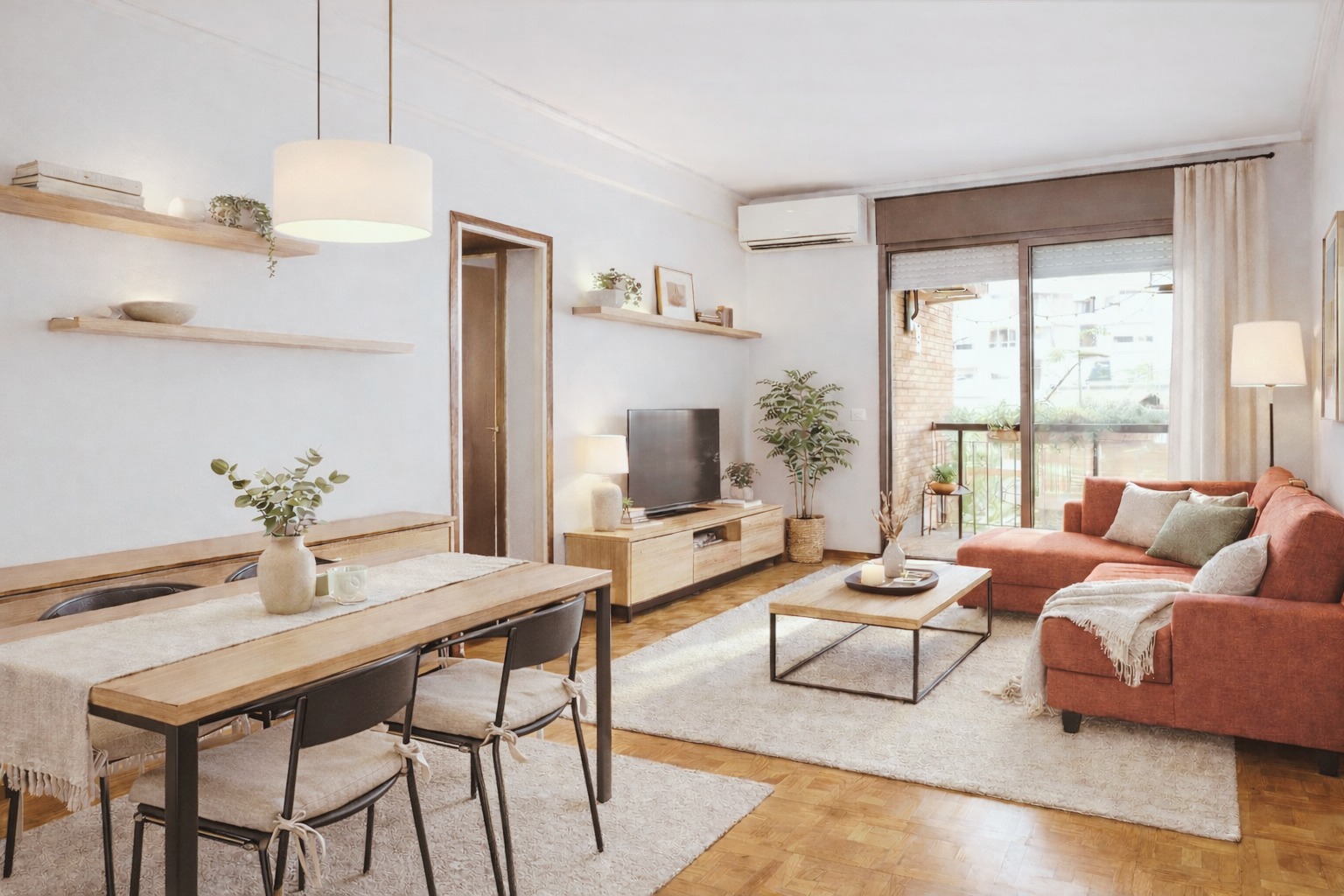 Propuesta visual para el salón, con tonos claros y una zona de comedor